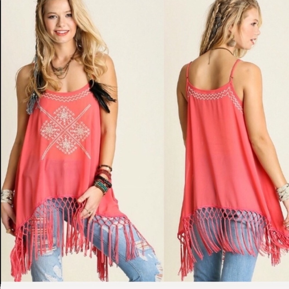 Coral Spaghetti Strap and Fringe Detail … - Picture 2 of 3